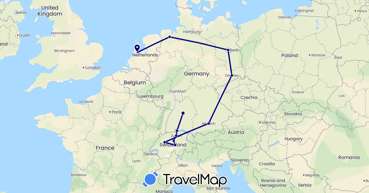 TravelMap itinerary: driving in Switzerland, Germany, Netherlands (Europe)